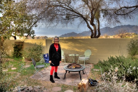 Sheila Shea in her Yard before February Raw Potluck